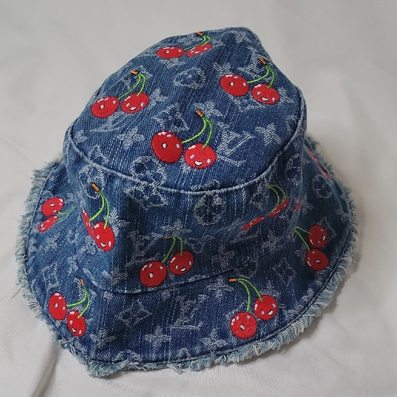 Louis Vuitton Accessories - Louis Vuitton Blue Denim Cherry Bucket Hat